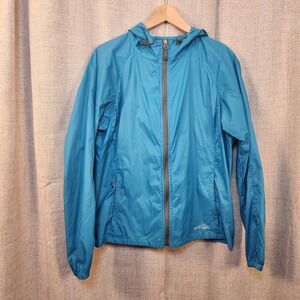 Eddie Bauer Lightweight Windbreaker Women L Blue Hooded Jacket Cinch Hem Pockets